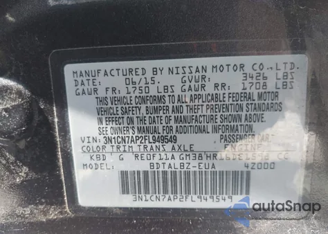 2015 Nissan Versa 1.6 Sv z USA, uszkodzony, nr VIN 3N1CN7AP2FL949549